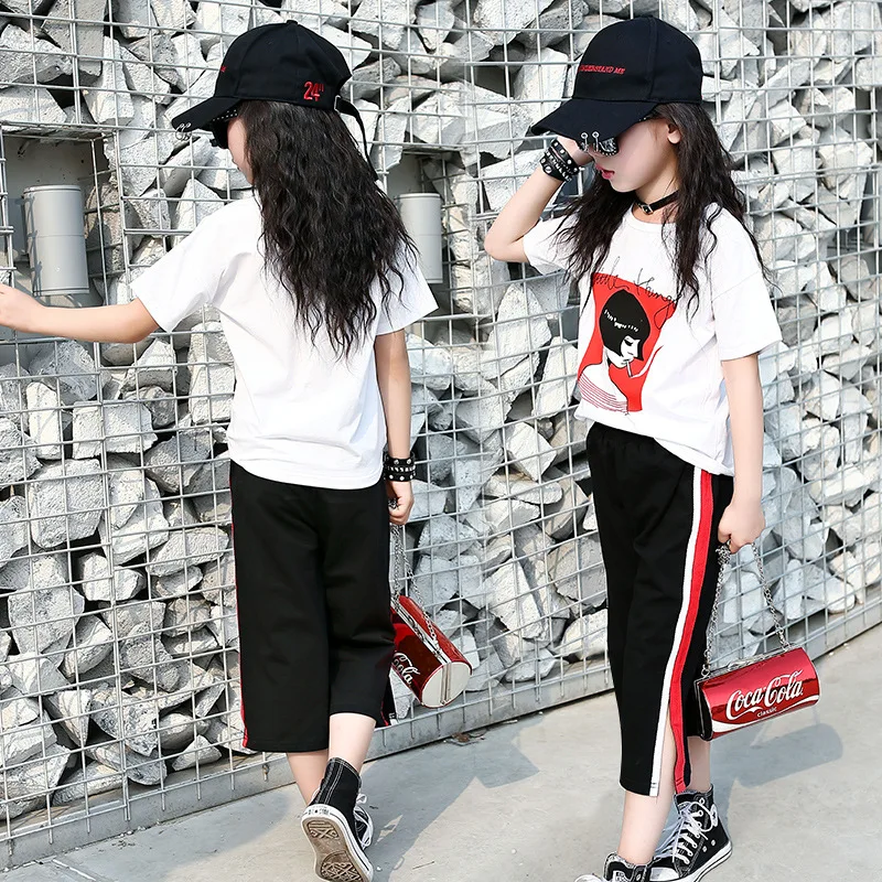 2 шт. футболка с принтом и укороченные брюки для девочек|Комплекты одежды девочек|