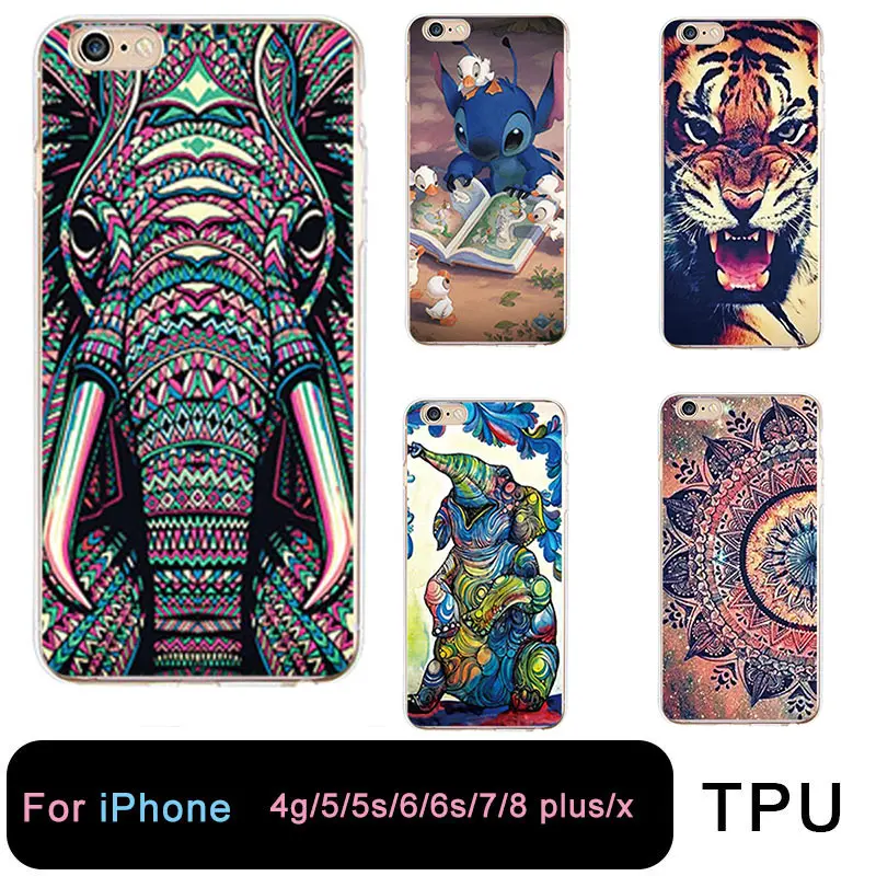 Для iPhone 6 6s 7 8 plus x TPU прозрачный чехол для телефона животное тигр слон стежка