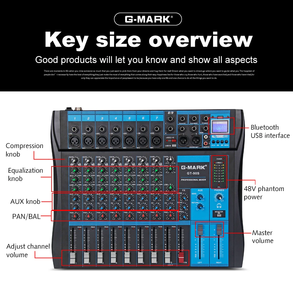 G-MARK GT90S аудио микшер с USB DJ звук микшерный пульт MP3 Jack 9 каналов караоке 48 в усилитель для караоке KTV Вечерние