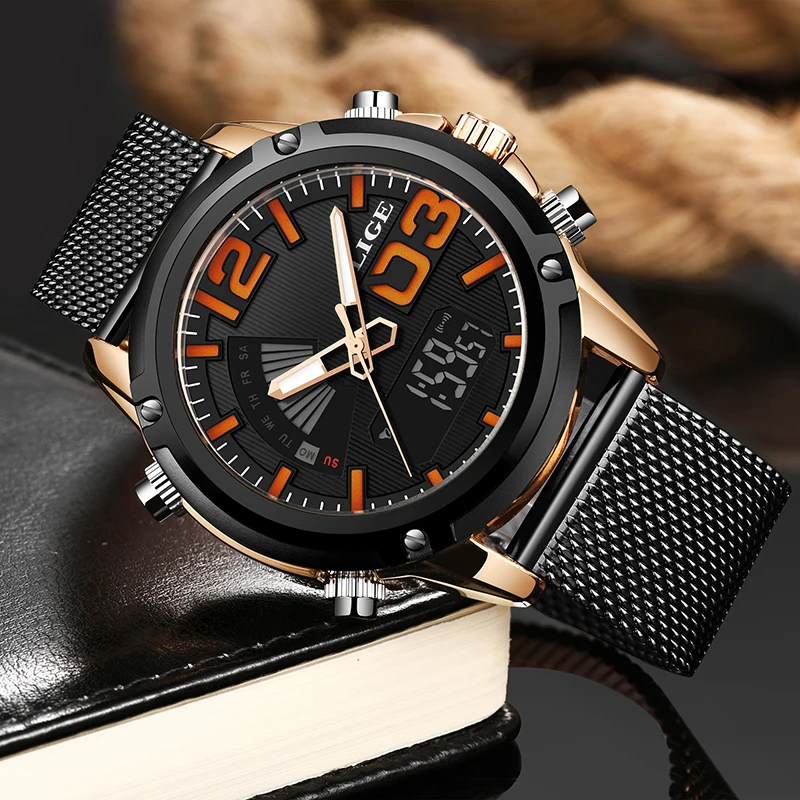 LIGE New Top Luxury Brand Gift Stainless Steel Sports Men Watch Army Military Dual Display Waterproof Watches relogio masculino | Наручные