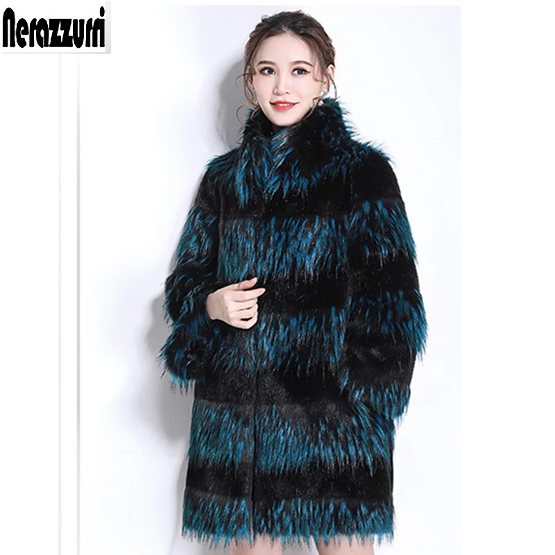 Nerazzurri Winter красочное пальто из искусственного меха лисы для женщин Градиентная