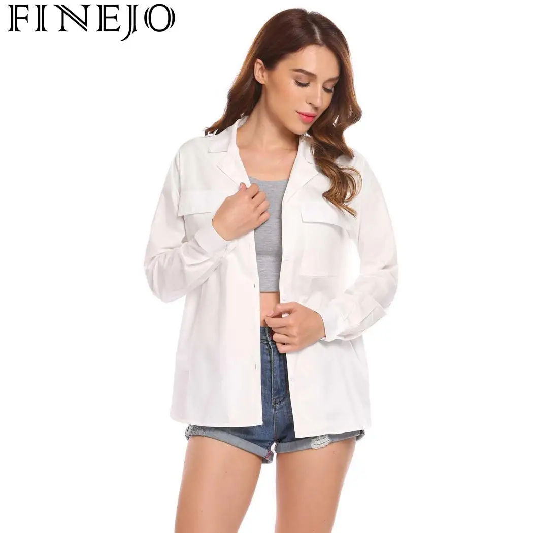 FINEJO блузка Blusas Женская Осенняя длинная Повседневная на пуговицах с длинным
