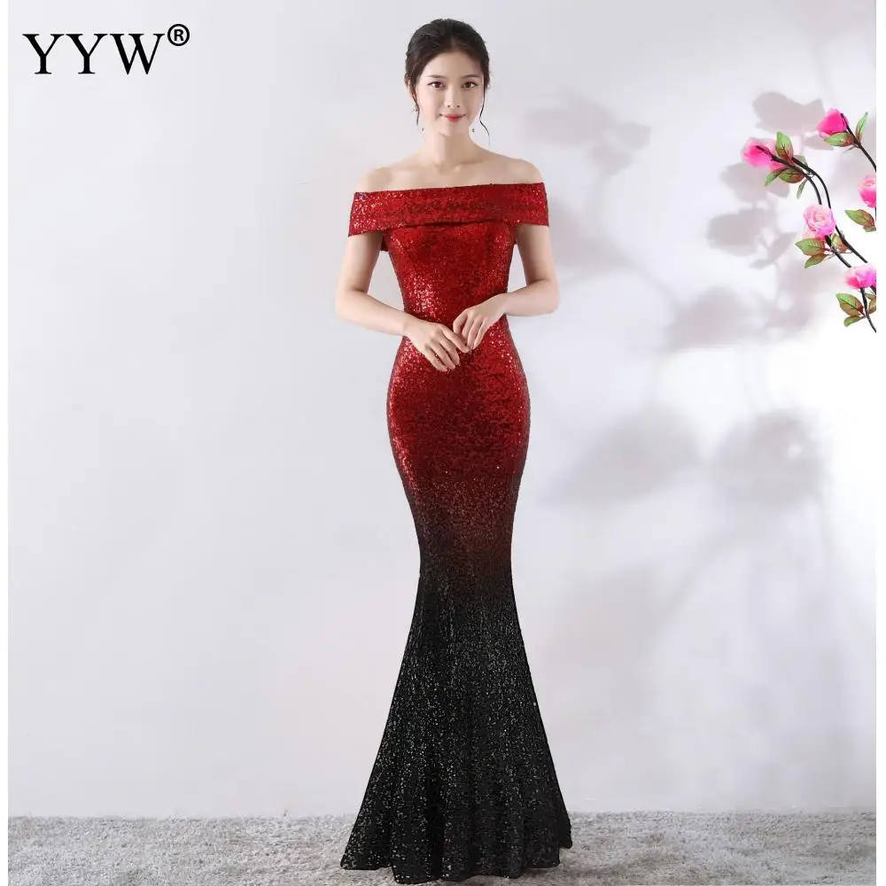 black and red Женское роскошное Черное и Золотое расшитое блестками платье русалки, сексуальное длинное вечернее платье с открытыми плечами, Дамское элегантное Клубное вечернее платье - Цвет: black and red