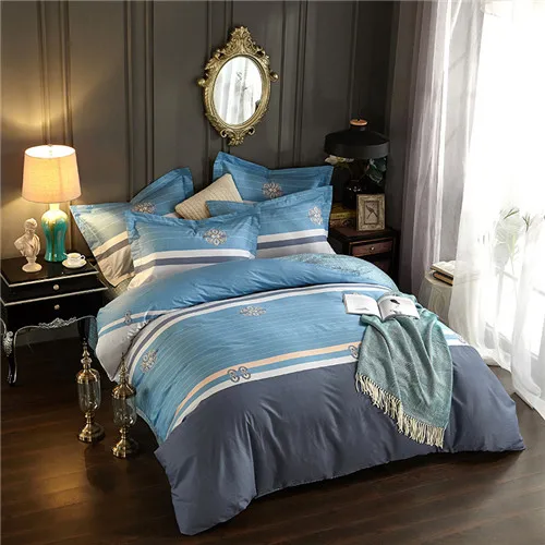 blue bedding set Комплект постельного белья из хлопка с американским цветком, Комплект постельного белья в богемном стиле, хлопок, пододеяльник+ простыня+ наволочка, 4 шт - Цвет: blue bedding set