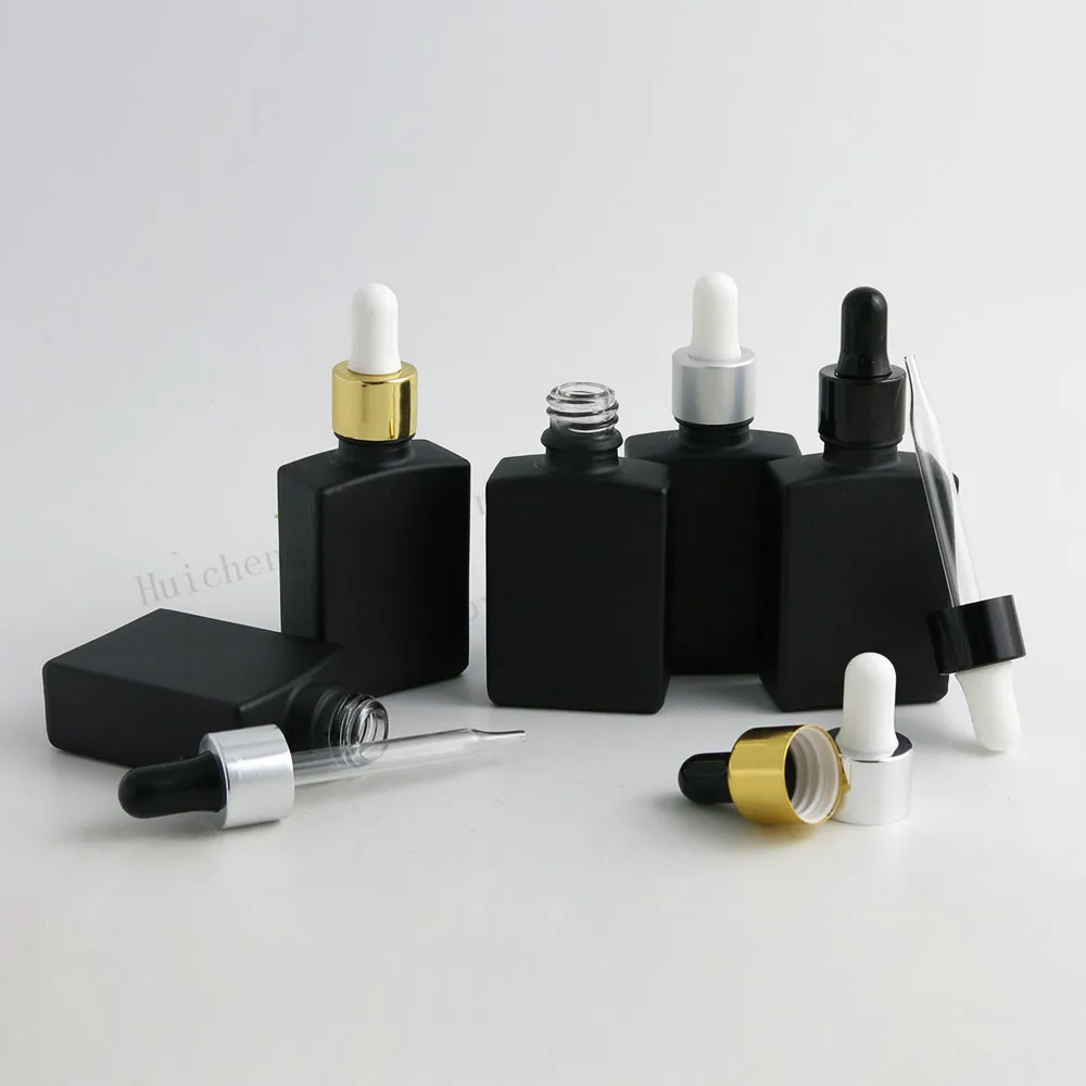 12 x 30ml Empty Frost Black Square Flat Glass Bottles With Aluminum Dropper 1oz Container for E liquid | Красота и здоровье