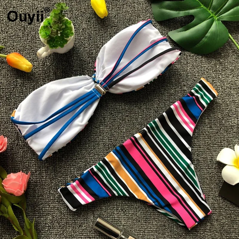 Женский сексуальный купальник-бикини с принтом в полоску модный раздельный