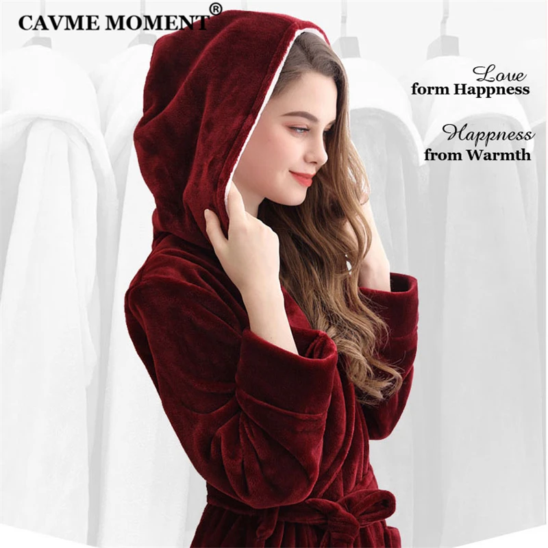 CAVME CUSTOM Logo Winter Bride Flannel Robe Women Hooded Long Kimono Bathrobe Bridesmaid Plus Size Dresses Nightgown