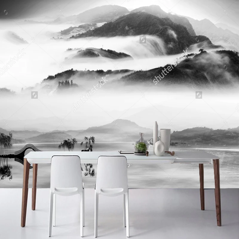 Обои с китайским пейзажем картина Горным озером ретро фрески для гостиной