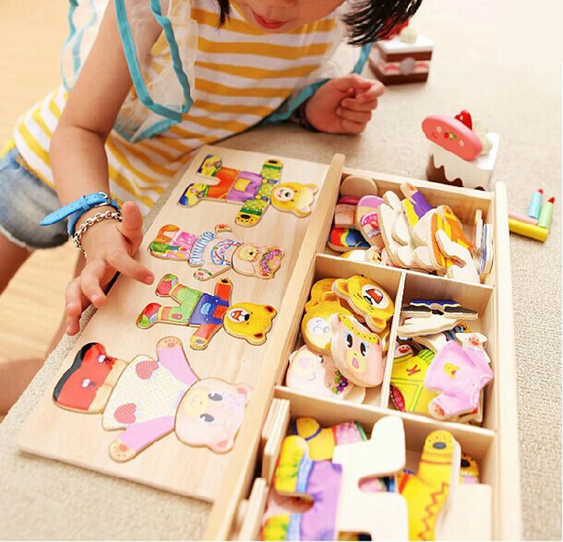 little bear change clothes Children's early Wooden jigsaw Puzzle Dressing game Baby toys free shipping ZC024- |