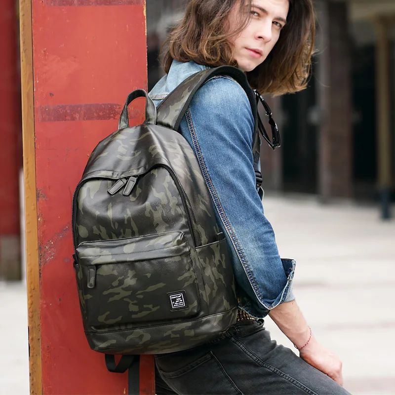 

Camouflage Business Casual Backpacks Travel Bag Black PU Leather Men's Fashion Shoulder Bags School Bag Boys Men Backpacks