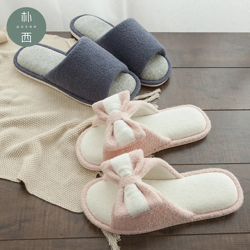 POSEE/милые льняные домашние тапочки с бантиком-бабочкой Зимние на мягкой подошве