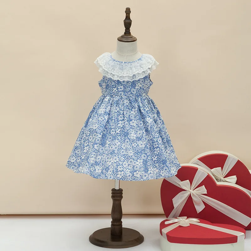Cindy&ampNancy New Summer Girls Cute Pink Blue Floral Printed Lace O-neck Sleeveless 1-6yrs Cotton Woven Princess Casual Dresses | Детская
