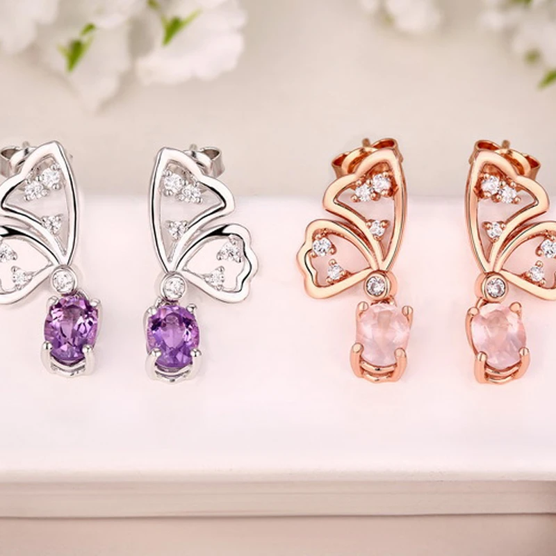 ANI 925 Sterling Silver Women Drop Earrings Natural Gemstone Jewelry Oval Cut Rose Quartz or Amethyst Dangle for Female | Украшения и