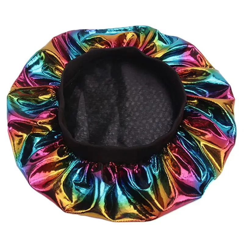 

Womens Faux Silk Bonnet Wide Band Soft Sleep Cap Glitter Reflective Rainbow Colorful Head Covering Ruched Hair Loss Chemo Cap