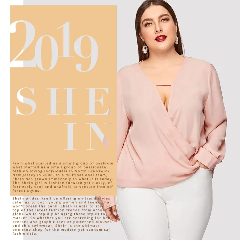 SHEIN Размер Плюс Однотонный Топ С Глубоким V-Образным Вырезом Сексуальная Блузка На Запах