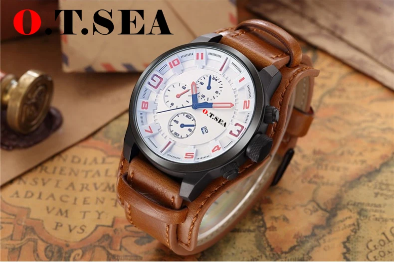 

Luxury O.T.SEA Brand Leather Watch Men Military Sports Quartz Wristwatch With Date Relogio Masculino 1032B