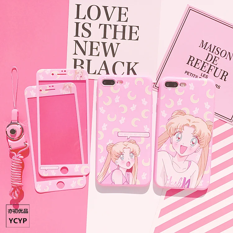 For iphone X Cartoon Sailor Moon Case +Tempered Glass Screen film for 8 8plus 6 6S plus 7 7plus Cardcaptor Sakura cover |