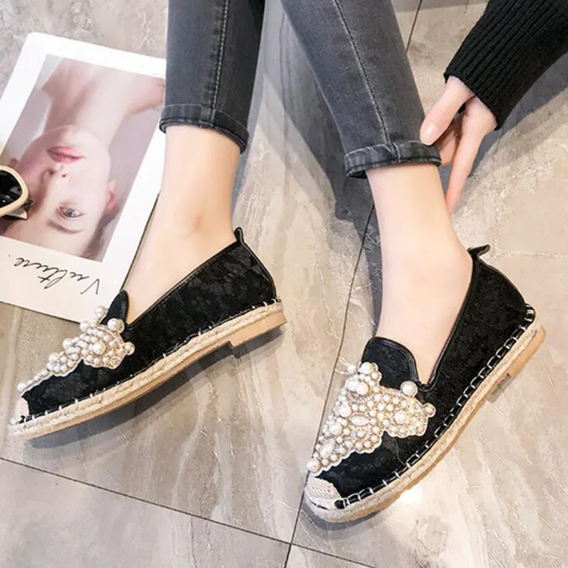 На плоской подошве пеньковая веревка в рыбацком стиле женские Жемчуг со стразами