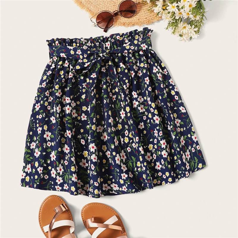 SHEIN, Boho, темно-синяя, с цветочным принтом, с поясом, расклешенная юбка, женская, летняя,, повседневная, плиссированная, Мини юбка