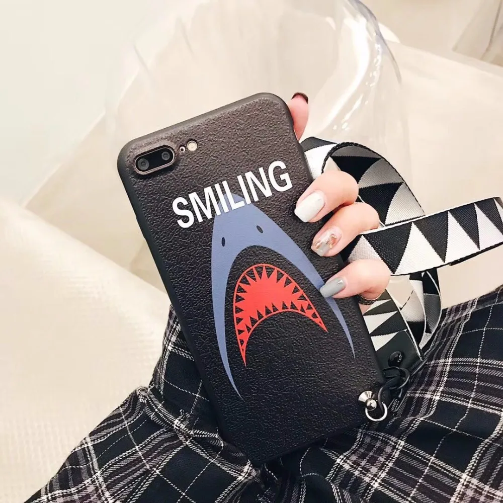 Super Cute Cartoon Shark Pattern With Same Lanyard Matte TPU Case Cover For Iphone6 6S 7 7S 8 6P 7P 8P X |