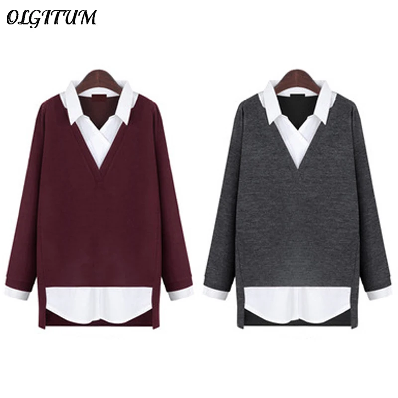 Новинка 2019 женские топы рубашка с имитацией двух частей свитер отложным