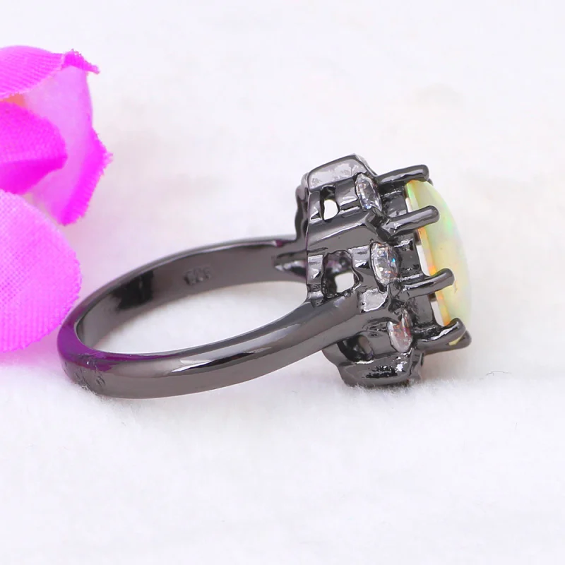 Уникальный дизайн сверкающий циркон Белый огненный опал Черное золото