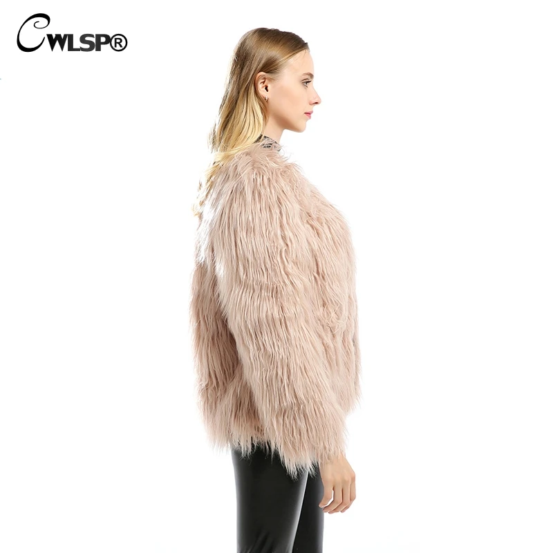 

CWLSP Autumn Winter Faux fur coat women Open Stitch Long Sleeve Warm Faux Fur outwears Plus size 3XL manteau fourrure femme