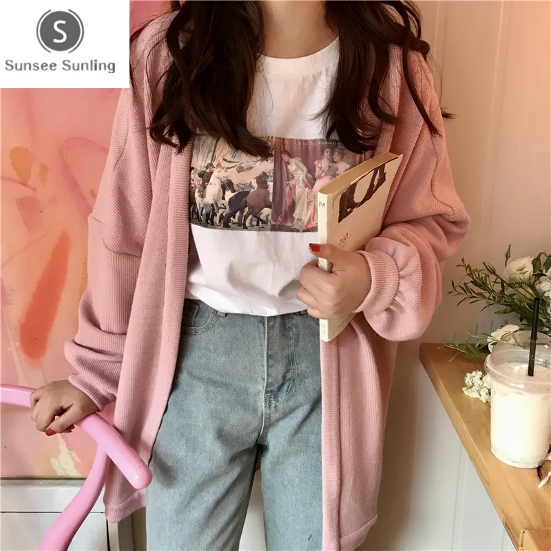 Женский Длинный свитер Ulzzang Harajuku универсальный свободный утепленный кардиган в