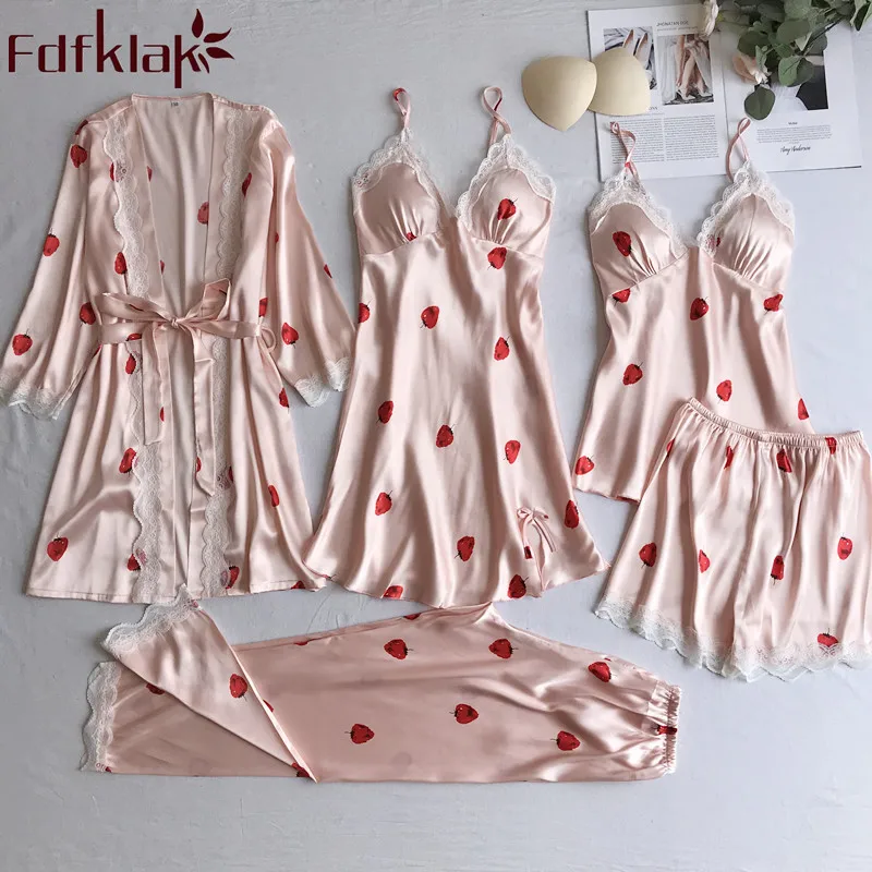 Женский пижамный комплект Fdfklak Шелковый из 5 предметов для сна лето 2019|Комплекты