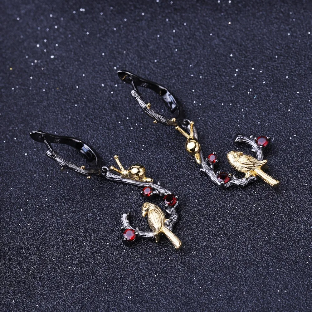 Балетные 925 пробы, серебро, ручная работа, 0.86Ct, натуральный гранат, серьги улитки и птицы на ветке, висячие серьги для женщин