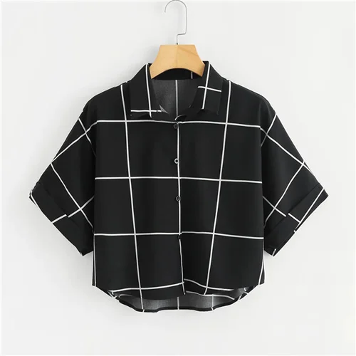 Black and White Dotfashion черно-белая рубашка в клетку с манжетами на рукавах летняя повседневная одежда с рукавами летучая мышь с планкой женская одежда топы и блузки - Цвет: Black and White