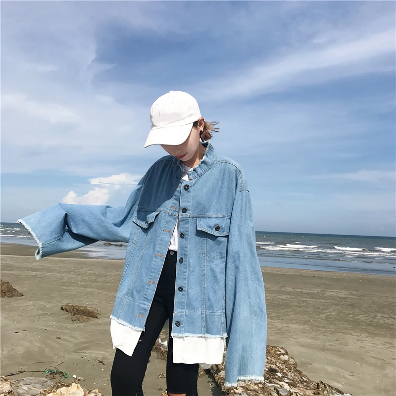 

2018 Spring Autumn New Plus Size Fashion Women Loose Casual Long section Vintage Holes Fake two pieces Female Denim jacket L0189