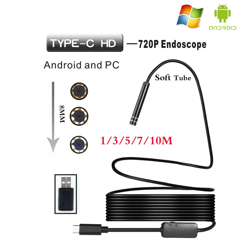 

HD 720P Waterproof Type-C Android Endoscope IP67 Soft Tube 8 Led Adjustable Lights for Photo Shooting Video Recording Endoscopia
