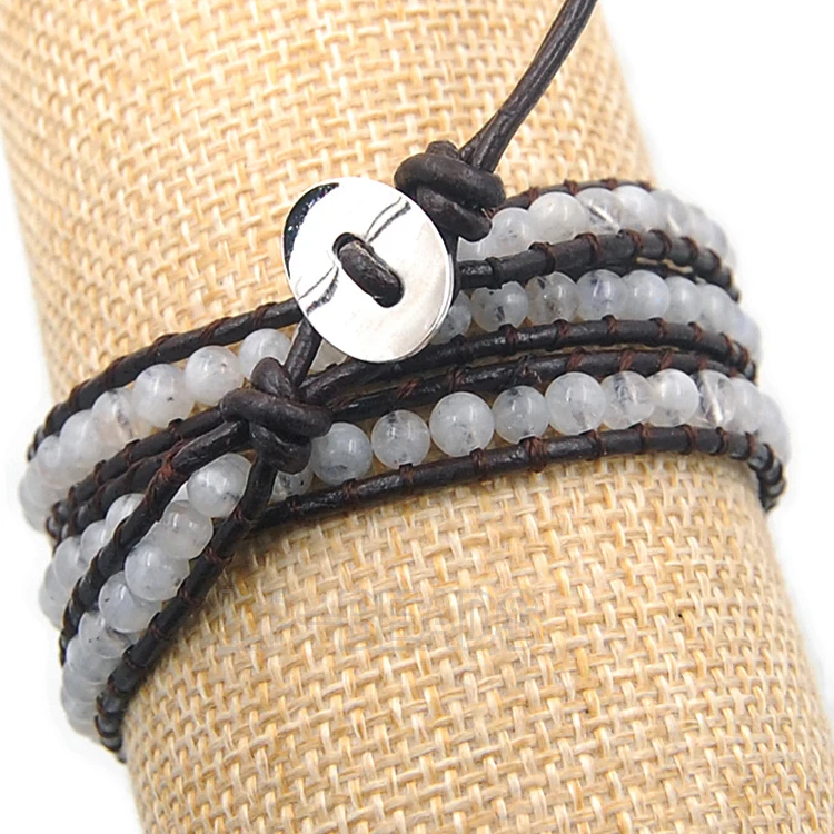 3 Wrap Natural Moon Stone Hot Colorful Men's Women's Handmade 4mm Gem stones Beads Leather Bracelet Wholesale 3PCS/Lot | Украшения