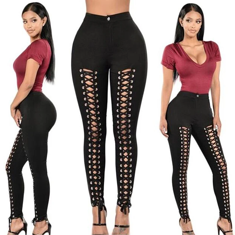 

Women Pants 2017 Sexy Solid Fashion New Style Lace Up Pants Hole Skinny Full Length Casual Pantalon Femme