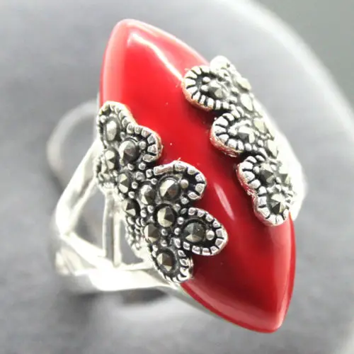 Уникальные красные резные покрытые лаком марказит 925 пробы Серебряное кольцо