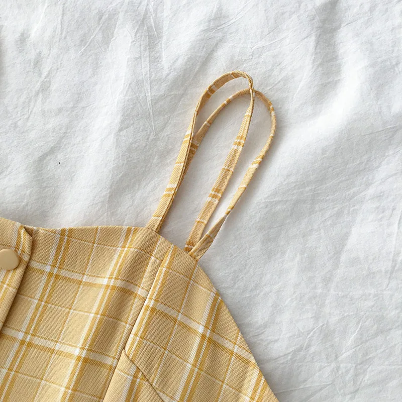 Сарафан 2019 летнее винтажное художественное корейское платье клетчатое желтое