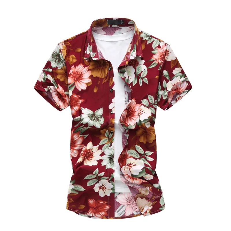

Men Clothing Summer Fashion Short Sleeve Men's Shirts Cotton Beach Men Red Flower Shirt Big Size 4XL 5XL 6XL Hawaii Shirt