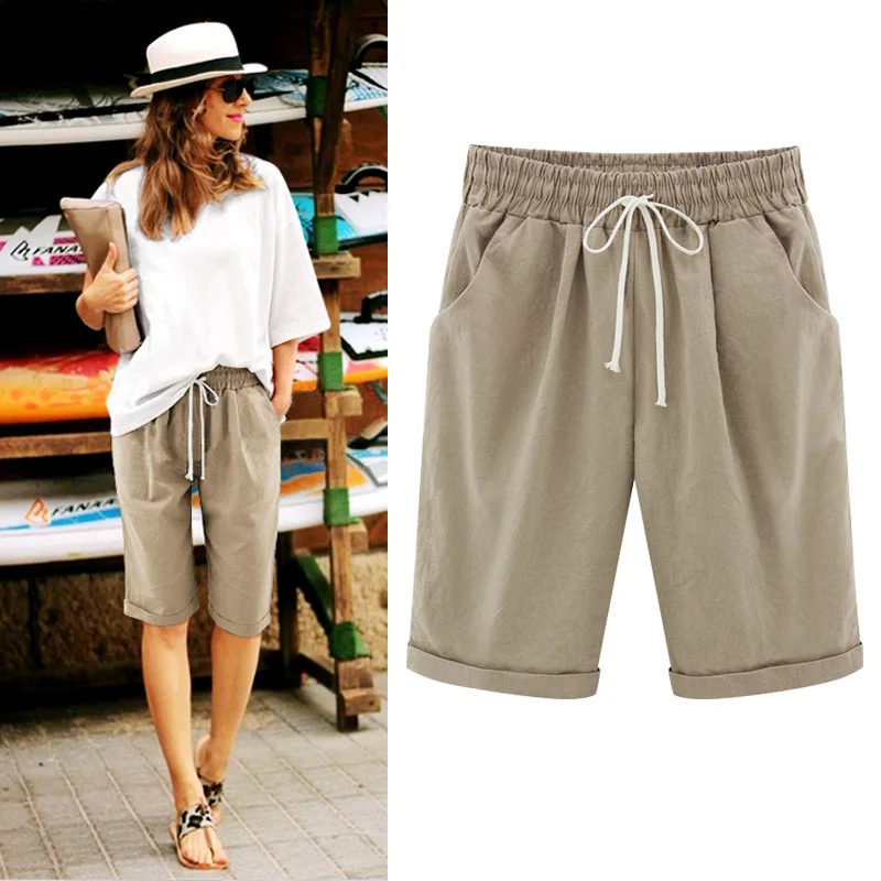 Large Size Summer Shorts Women Solid Pocket Elastic High Waist Cotton Casual Female Short Plus Size 7xl
