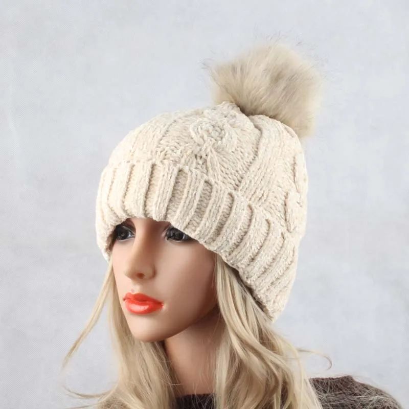 Меховые помпоны зимние шапки для женщин флисовая подкладка теплые вязаные