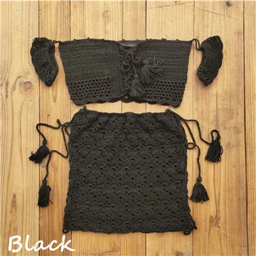 Black Set 12 цветов, модный пляжный комплект бикини, вязаный купальный костюм, вязанный крючком купальник в богемном стиле с открытыми плечами, одежда для плавания, юбка для плавания со шнуровкой, детали по бокам - Цвет: Black Set