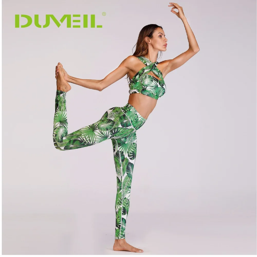 

Leaf Printed Cross Shoulder Sports Suit Women Yoga Bra+Yoga Pants Fitness Yoga Set Printed Gym Running Patchwork Sportswear
