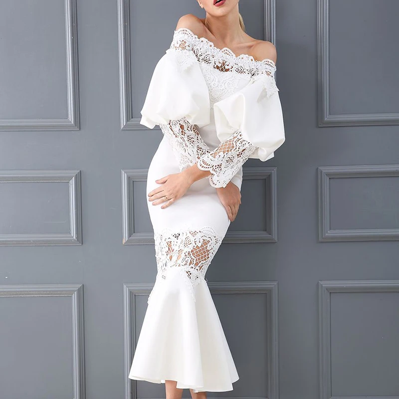 Платье TWOTWINSTYLE кружевное вечернее с вырезом лодочкой и рукавом фонариком|Женские