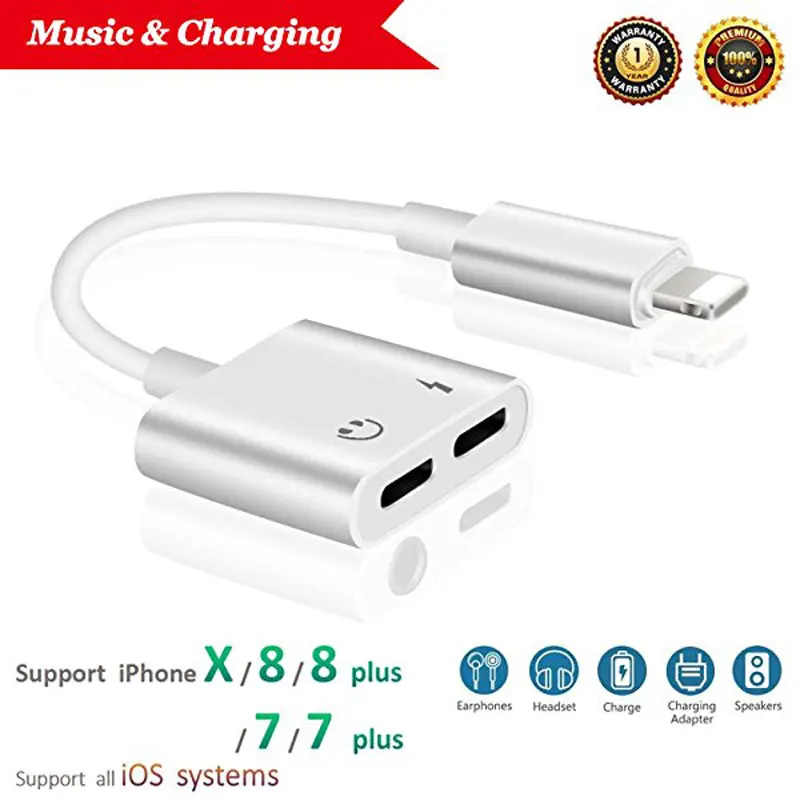Allvcover 2 in 1 Charging Audio Adapter For iphone 7 8 plus X iOS 10 Charger Splitter Headphone Jack Cable Lightning | Мобильные