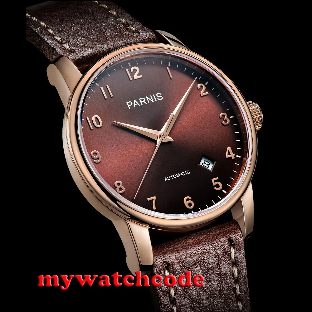 Часы мужские с сапфировым стеклом 38 мм циферблат кофейного цвета розовое золото