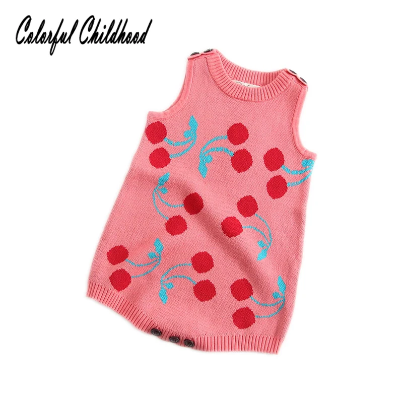 

Vintage cherry embroidery romper baby cotton sleeveless jumpsuit kids overalls children pajamas 0-24m