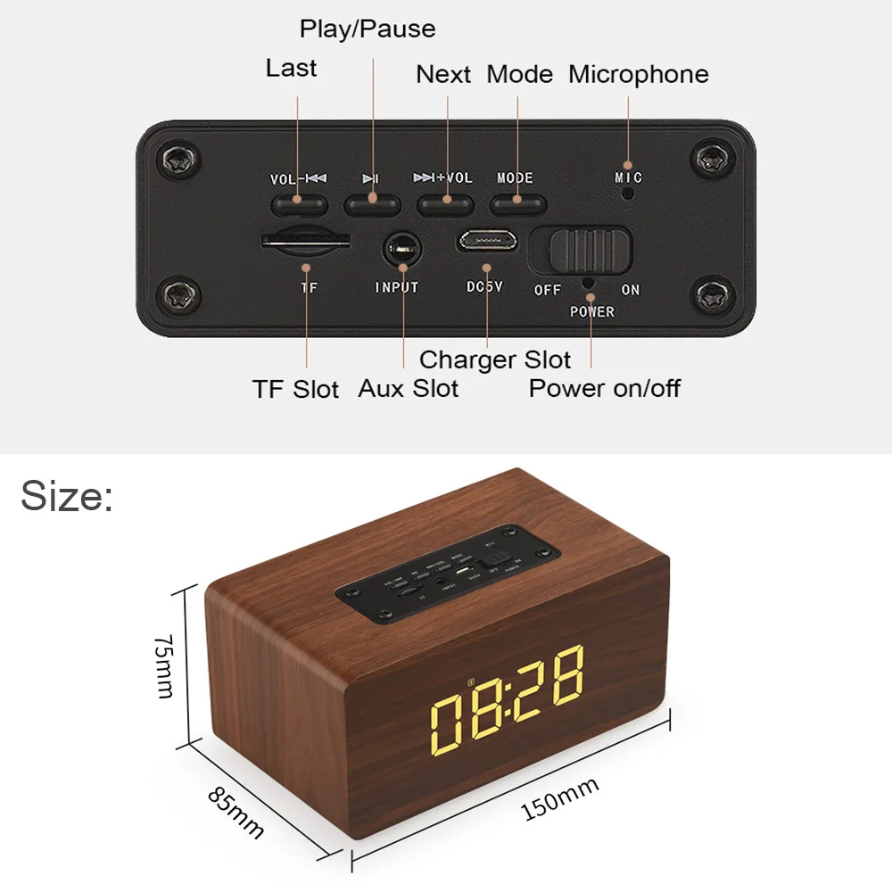 HOT Wooden Bluetooth Speaker Alarm Clock Wireless Portable HiFi Shock Bass Altavoz TF Soundbar MP3 Speaker FM Radio Microphone