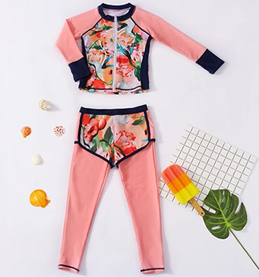 floral print Защитные Купальники для девочек-подростков; комплект из 2 предметов; куртка с длинными рукавами и штаны; цветные купальные костюмы для серфинга; Рашгард; Гидрокостюмы; - Цвет: floral print