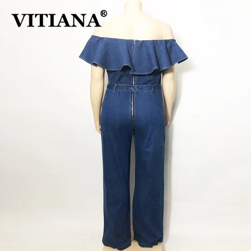 VITIANA 2019 Summer Women Elegant Sexy Solid Denim Jumpsuit Pants Plus Size Off Shoulder Female Bodysuit Rave Festival Clothing | Женская
