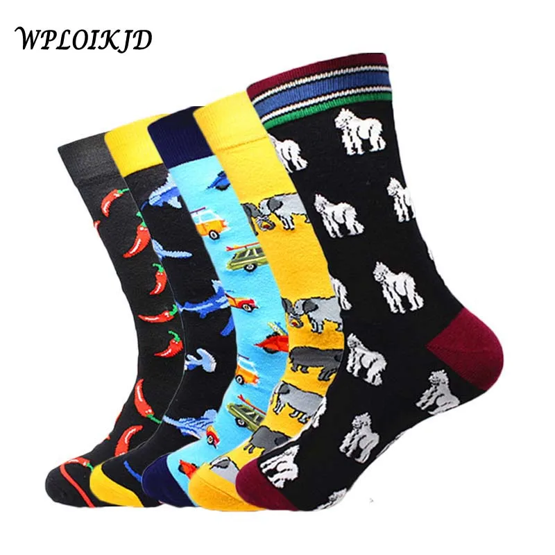 

[WPLOIKJD]Men's Socks Combed Cotton Jacquard Cartoon Animal Business Dress Crew Socks Wedding Gift Meias Big Size Novelty Sokken